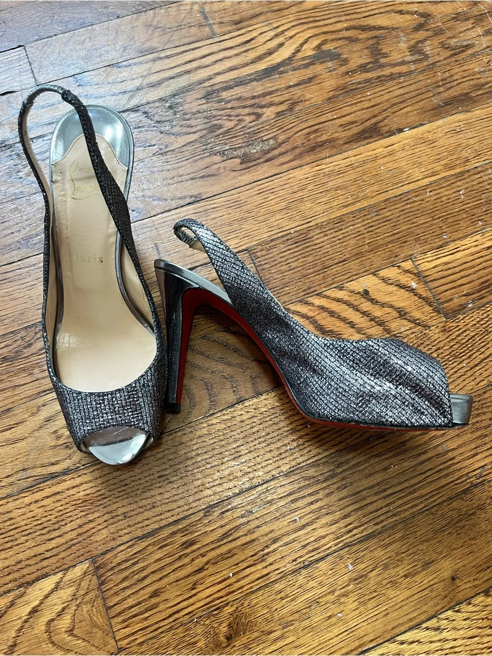 Christian Louboutin Metallic Silver Slingback Peep-Toe Heels with Red Soles